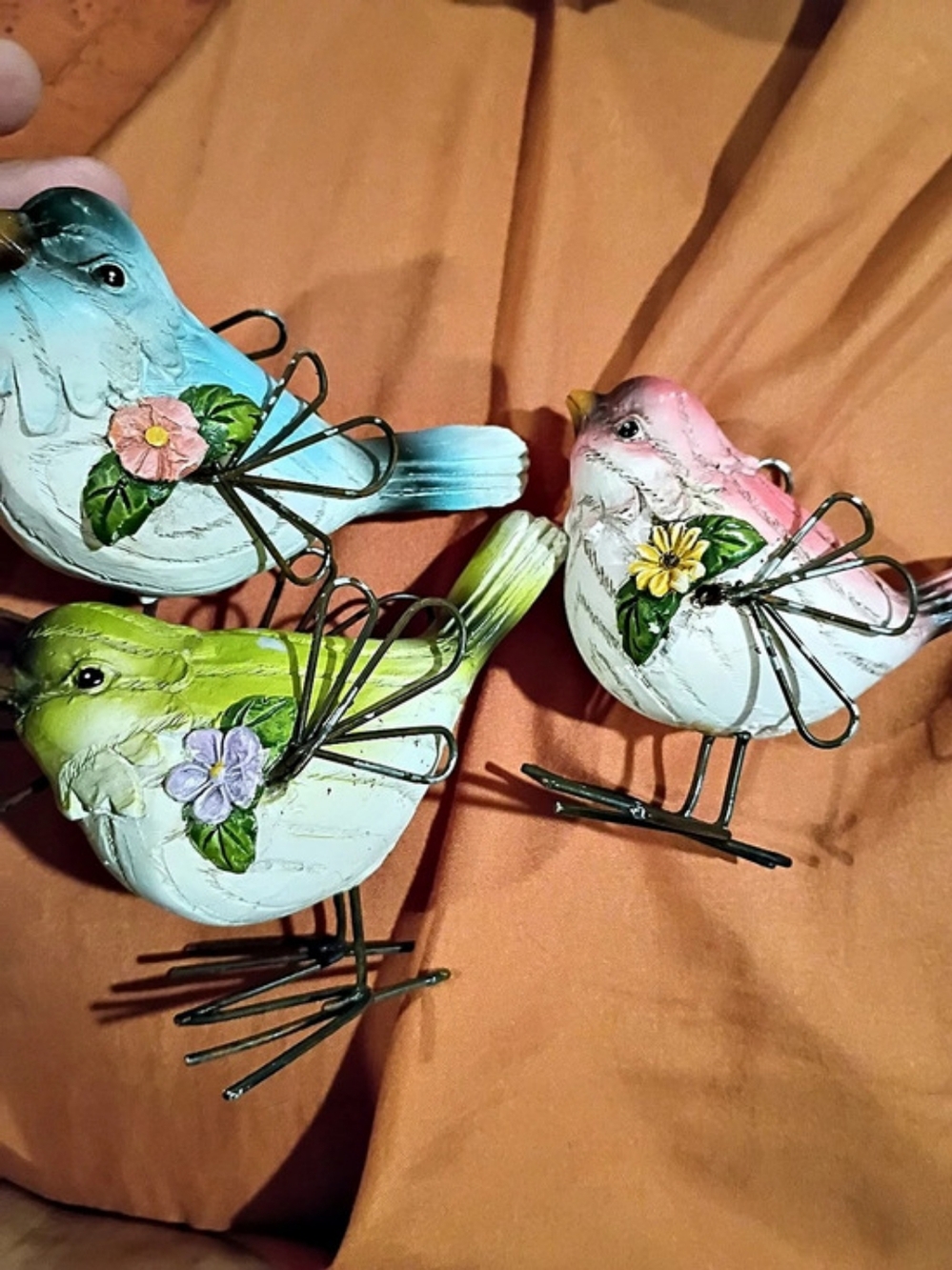 Painted Bird Figurine Set Floral Decor